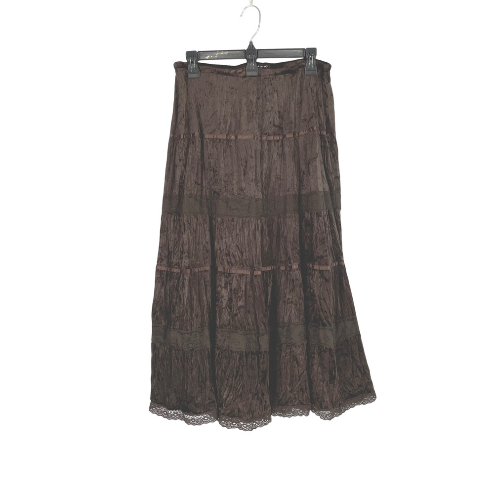 Fang Y2K Hippie Women Skirt M Maxi Brown Crushed Velvet Lace Trim Tiered Boho